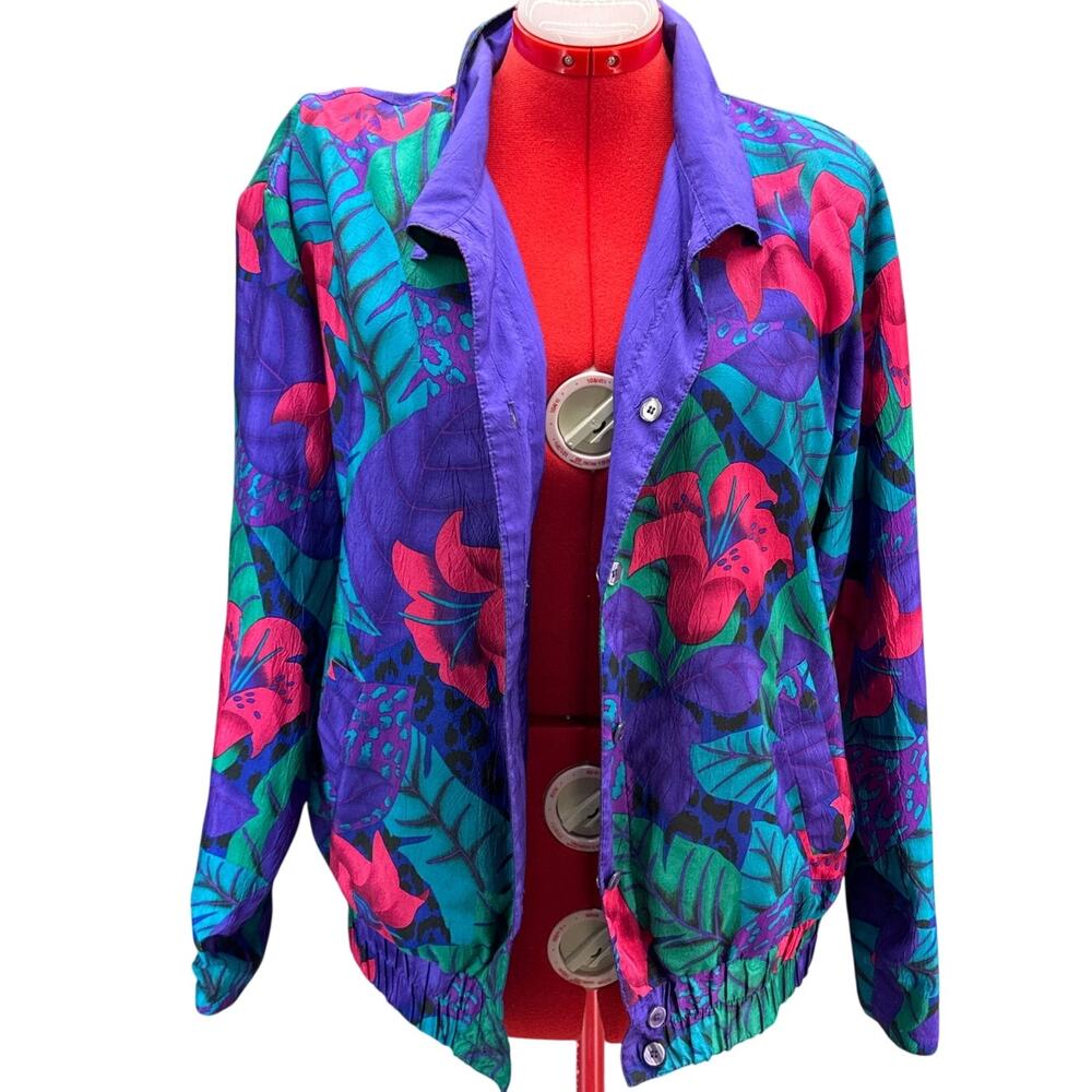 Joan Walters Purple Pink Tropical Floral Reversible Windbreaker Jacket Women L